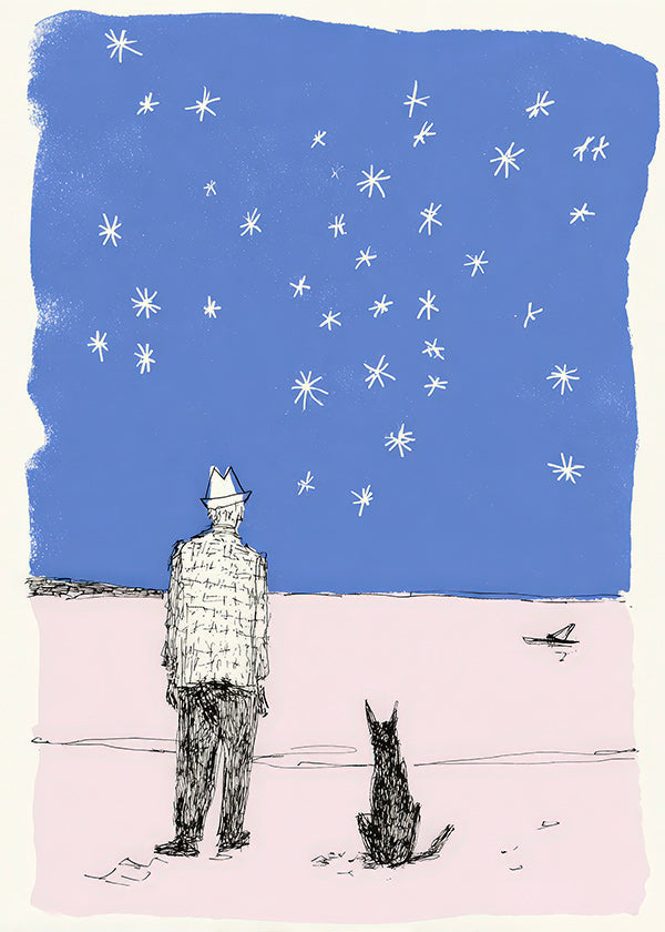 Ilustração: homem e cão sob as estrelas