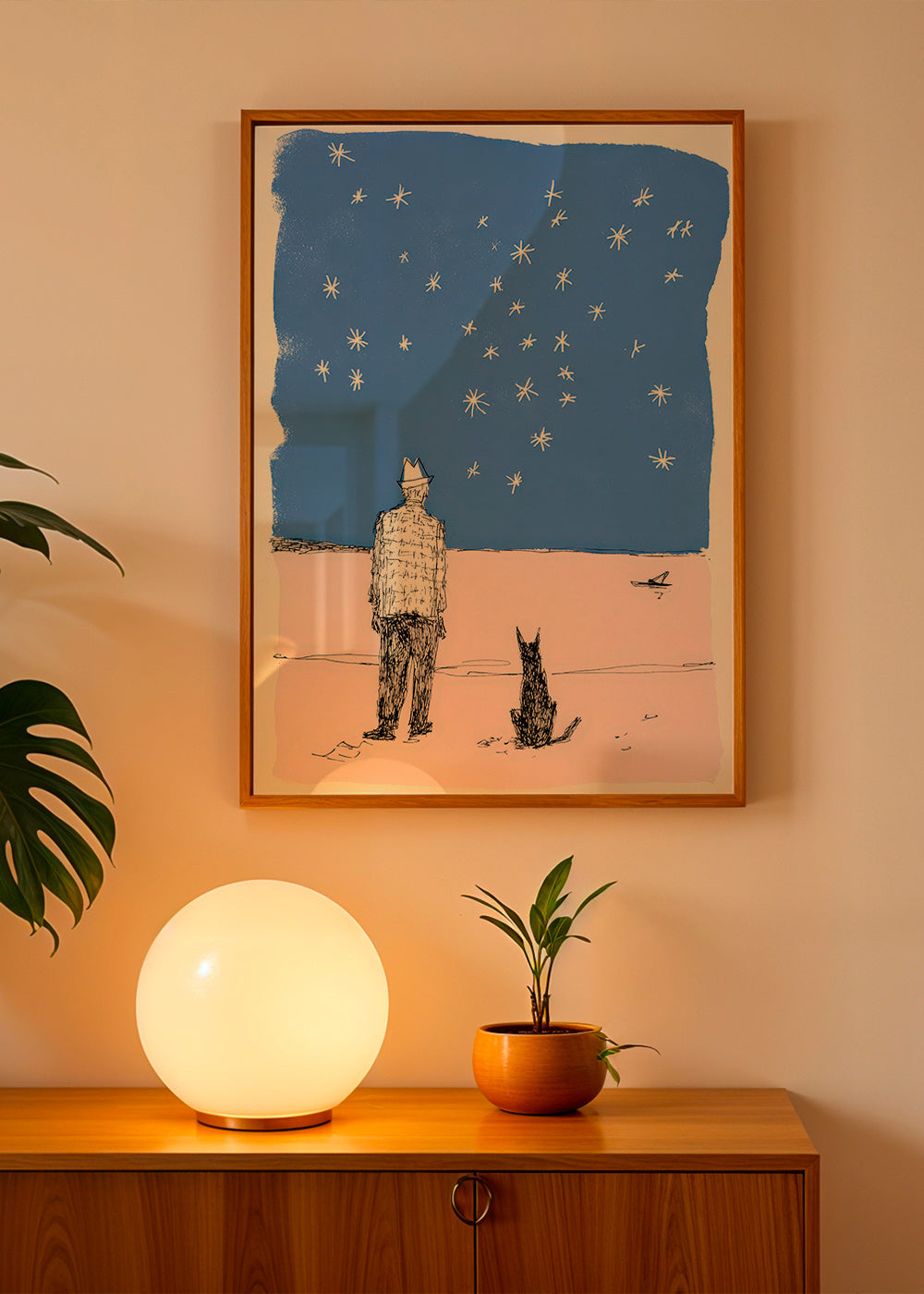 Ilustração: homem e cão sob as estrelas