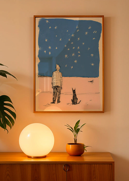 Ilustração: homem e cão sob as estrelas