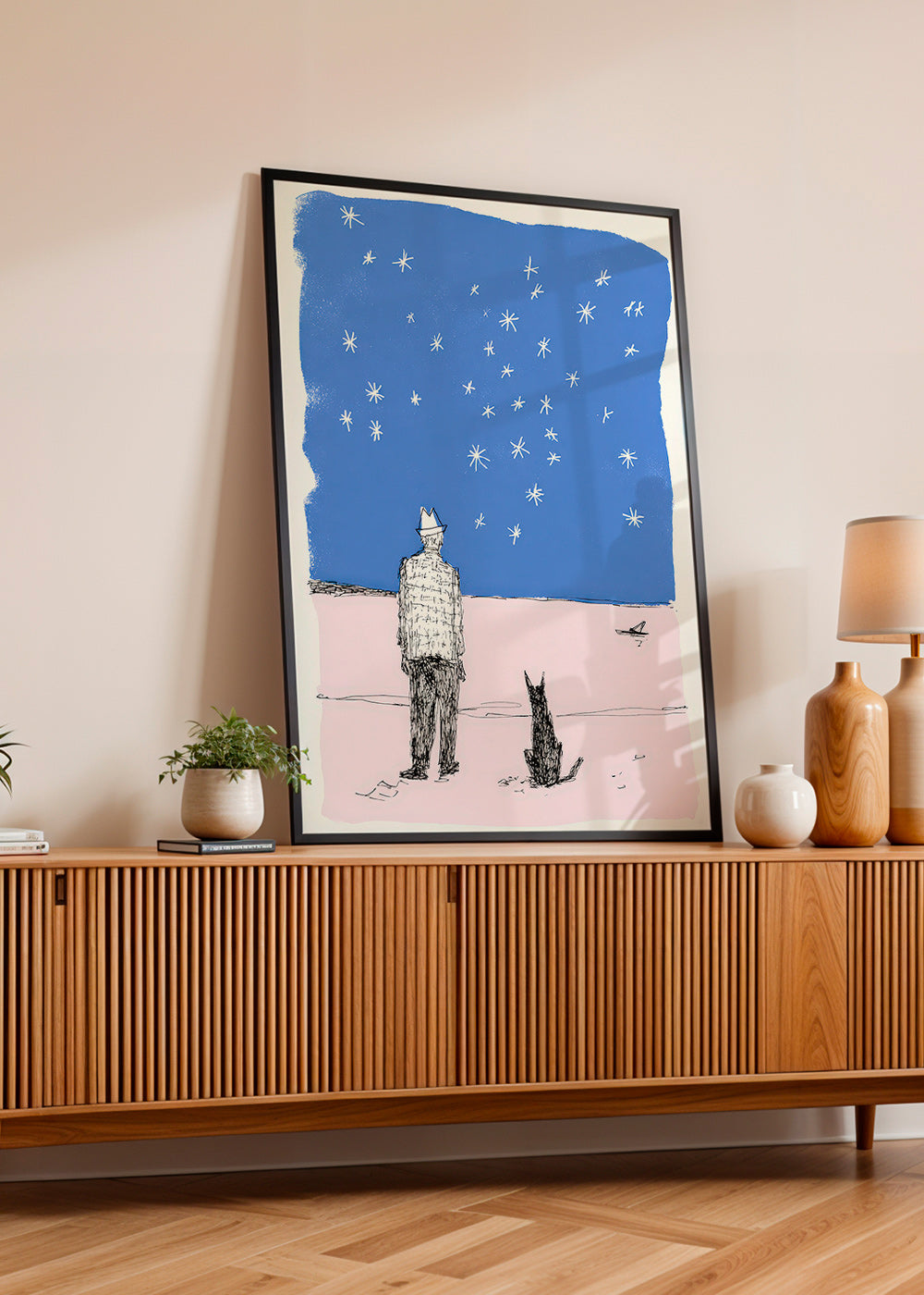 Ilustração: homem e cão sob as estrelas