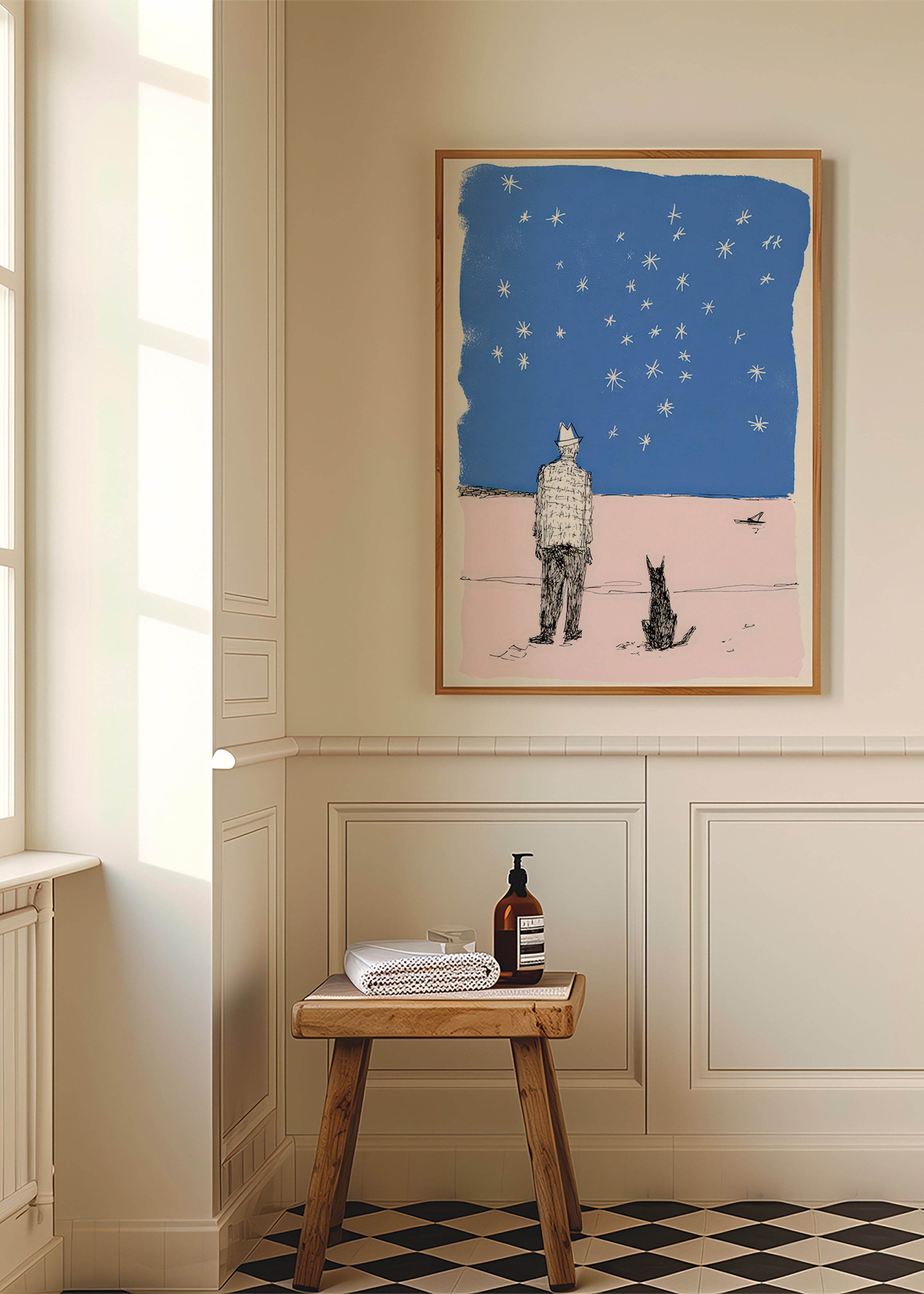 Ilustração: homem e cão sob as estrelas
