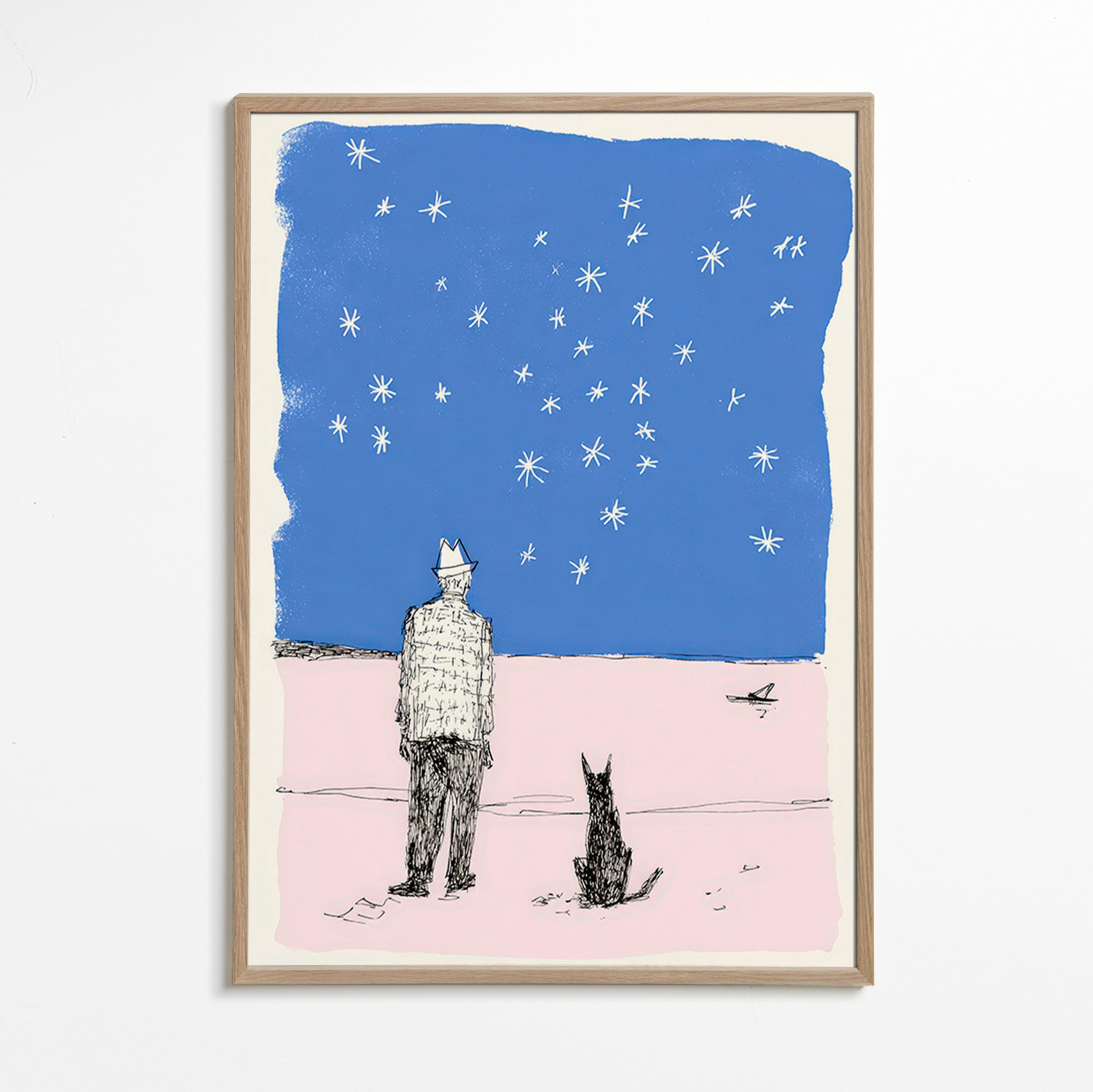 Ilustração: homem e cão sob as estrelas