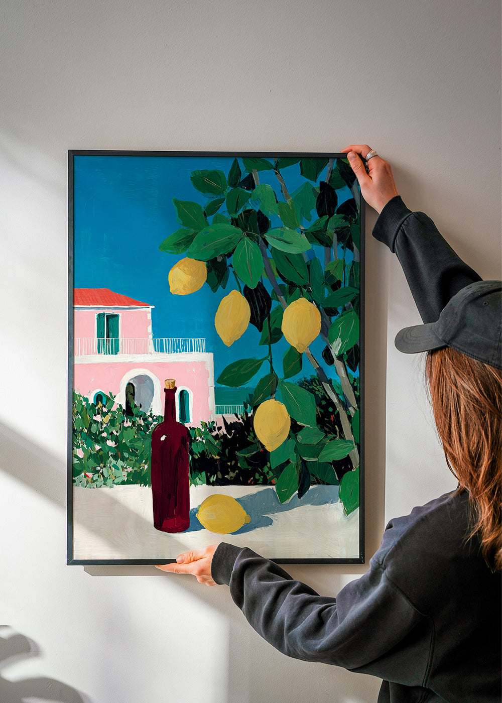 Arte para cozinha com limões e garrafa