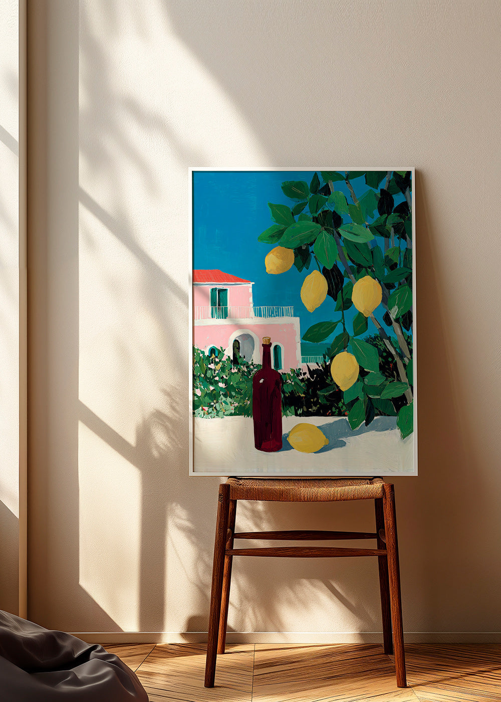 Arte para cozinha com limões e garrafa
