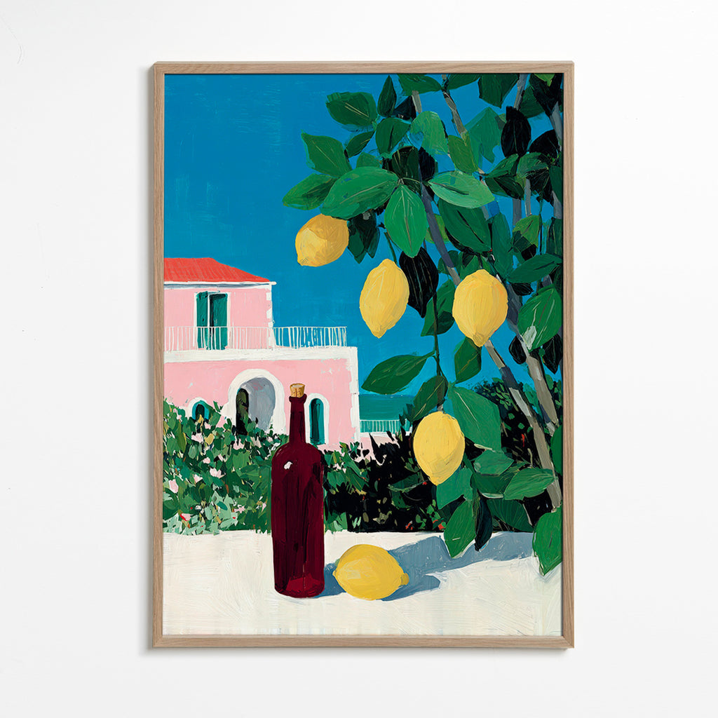 Arte para cozinha com limões e garrafa