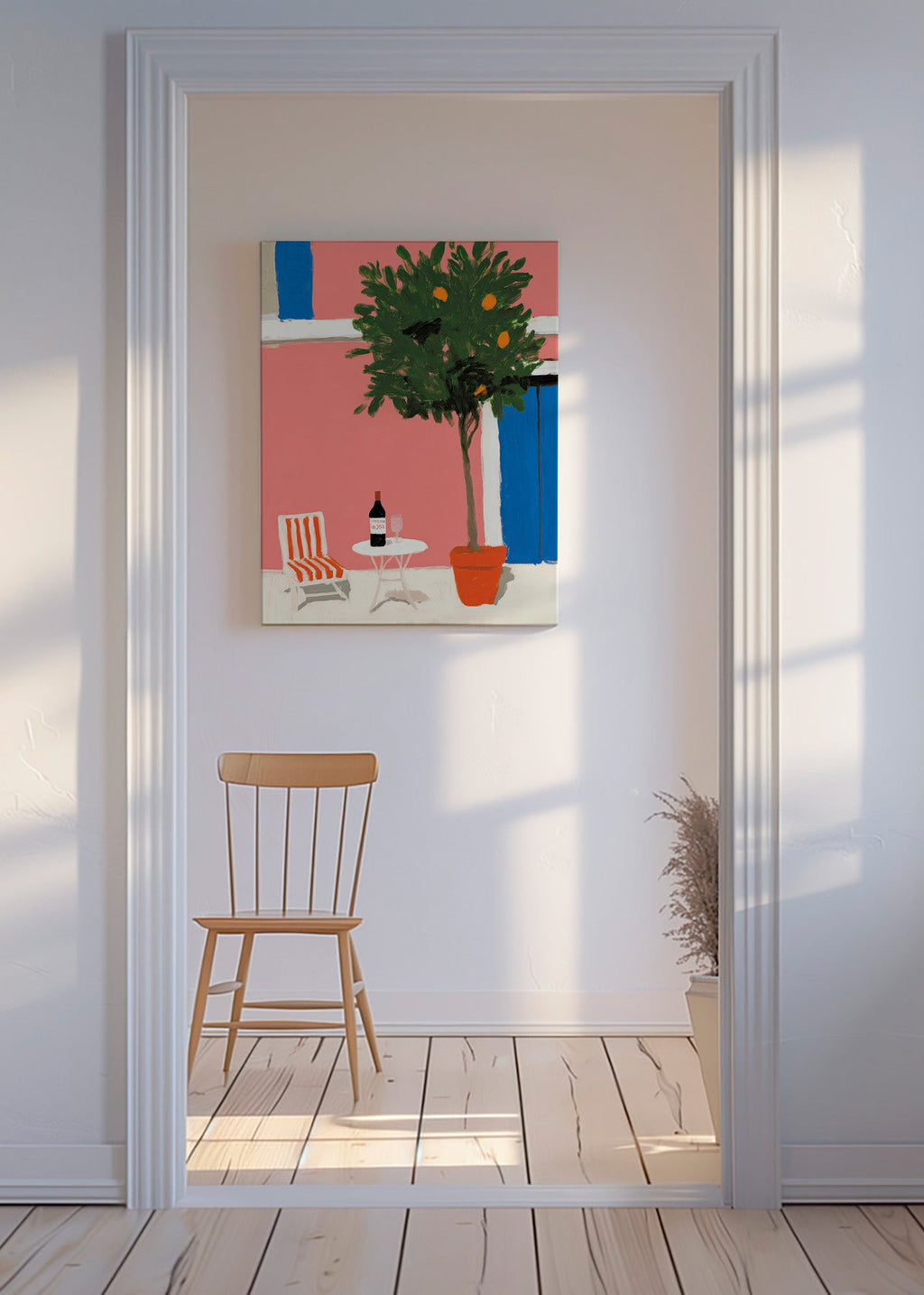 Arte para cozinha com vaso de citrinos na varanda