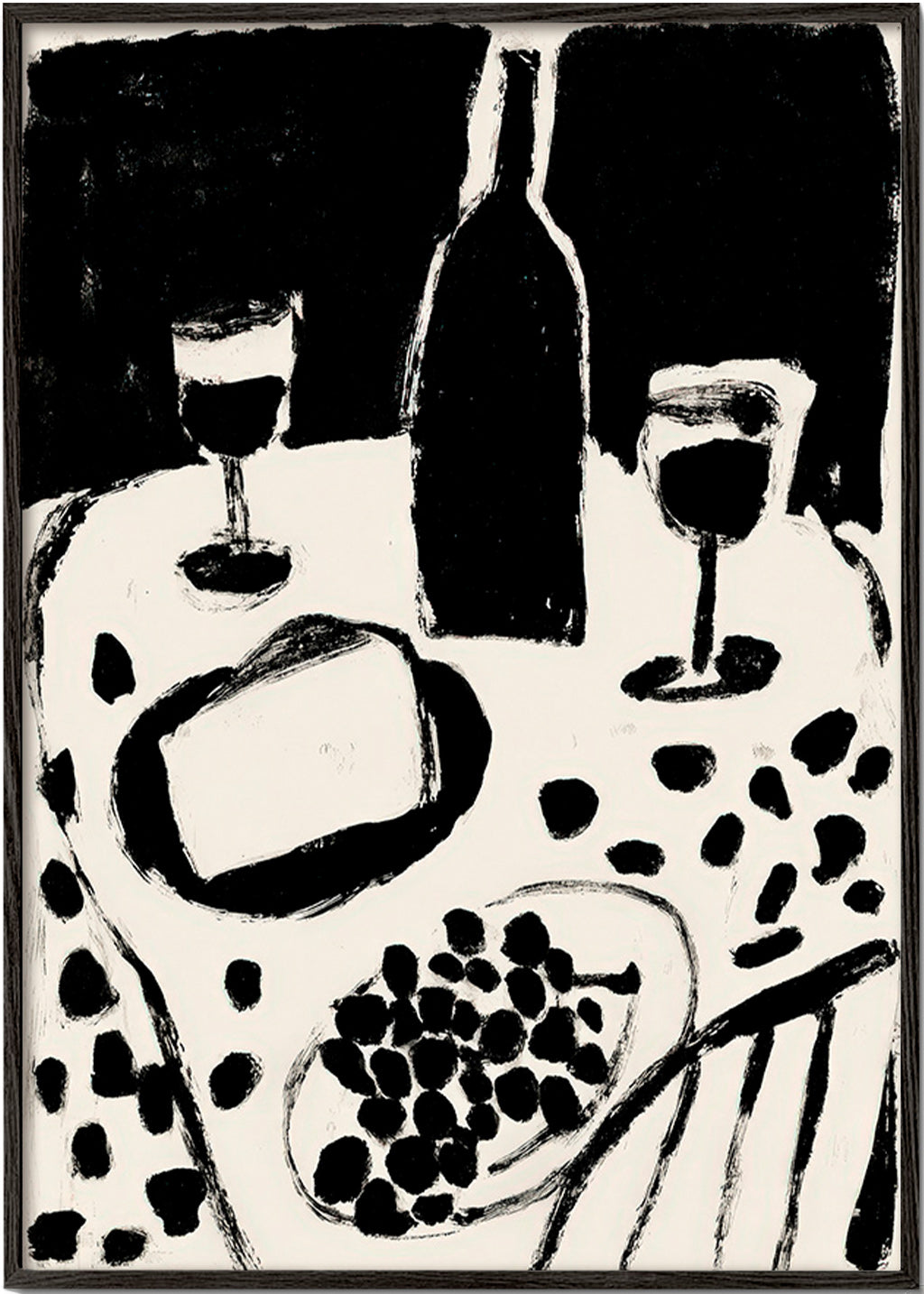 Arte para cozinha: garrafa e uvas monocromáticas