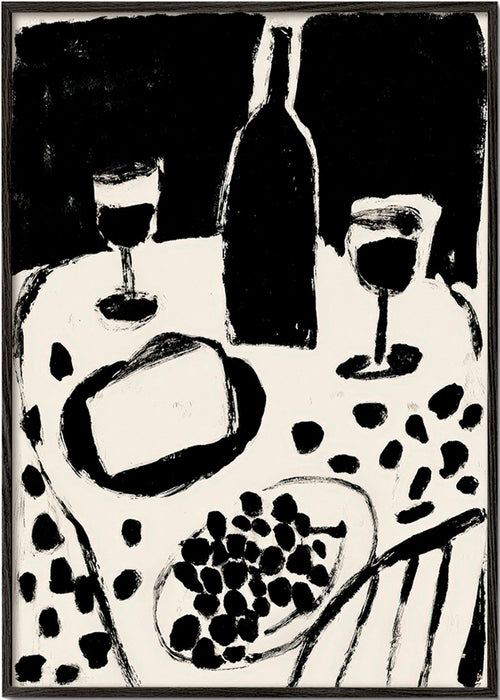 Arte para cozinha: garrafa e uvas monocromáticas