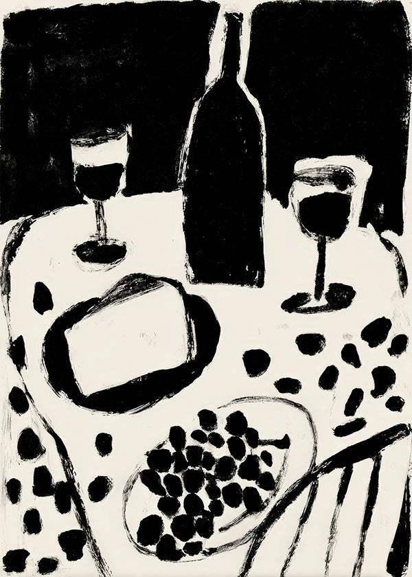 Arte para cozinha: garrafa e uvas monocromáticas