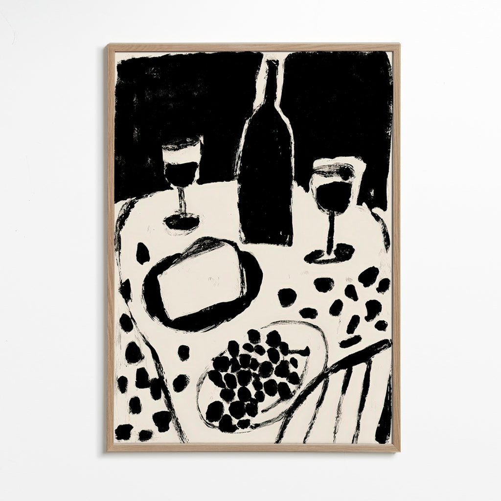 Arte para cozinha: garrafa e uvas monocromáticas
