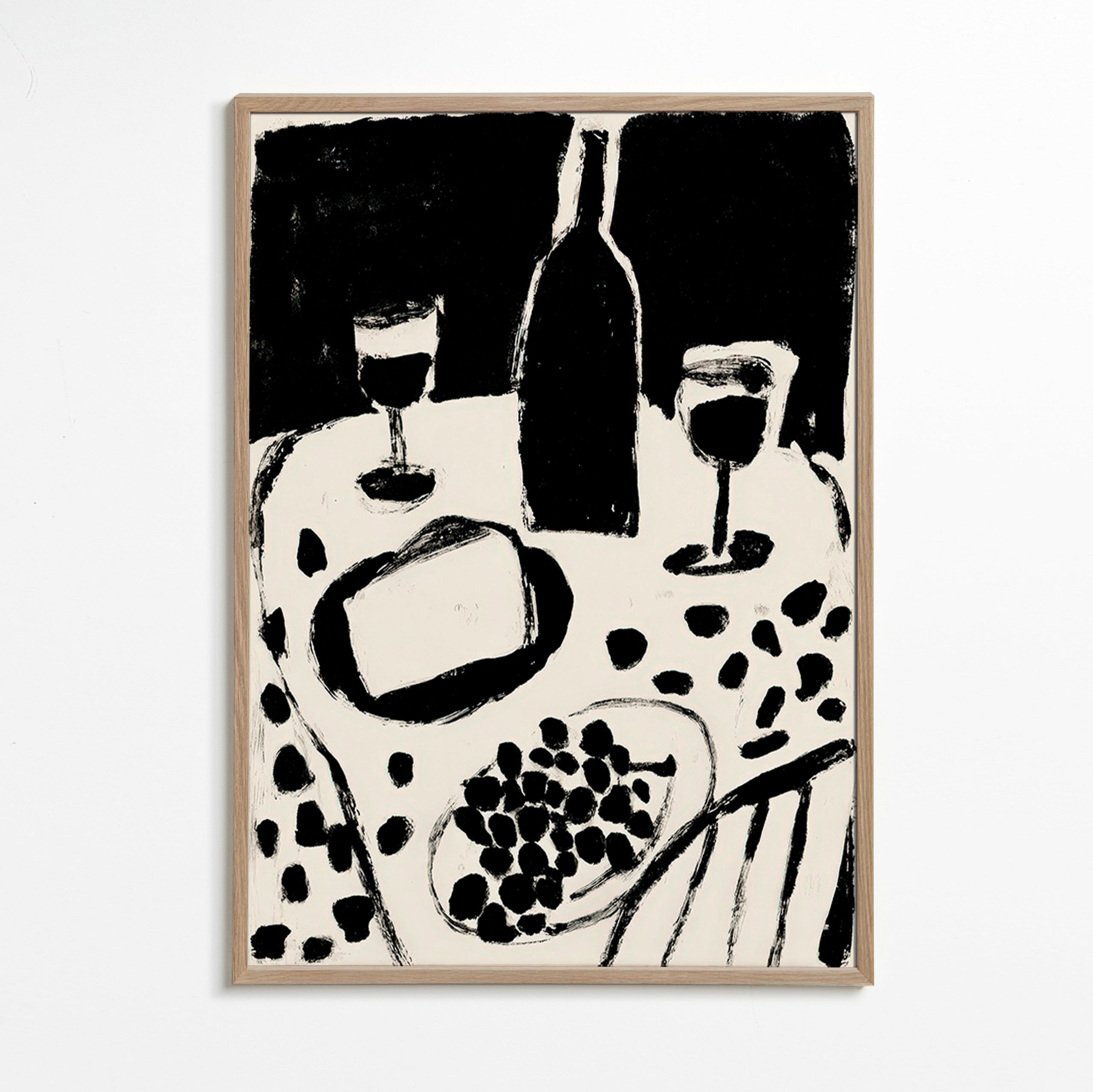 Arte para cozinha: garrafa e uvas monocromáticas