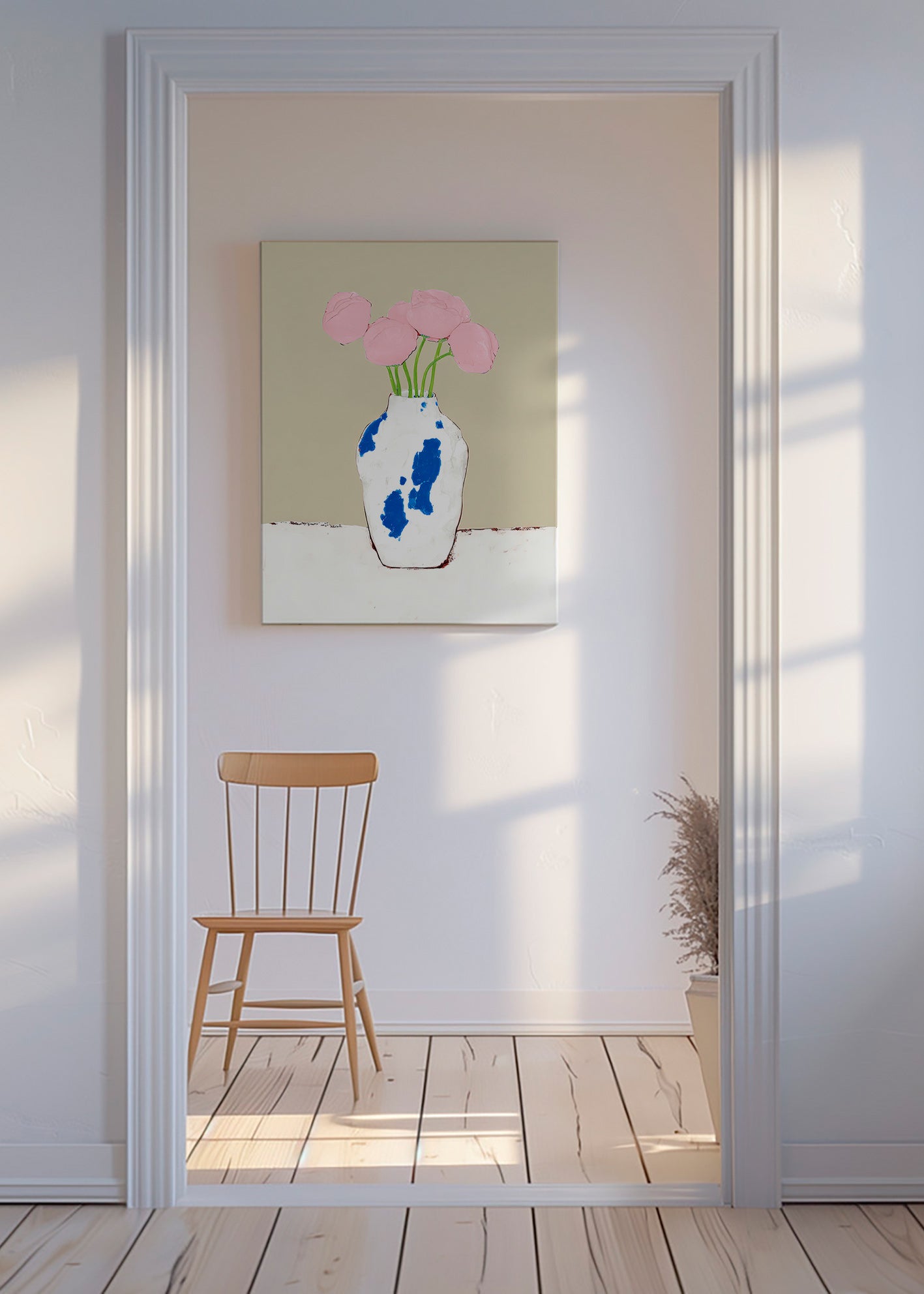 Estampa botânica com peónias em vaso azul