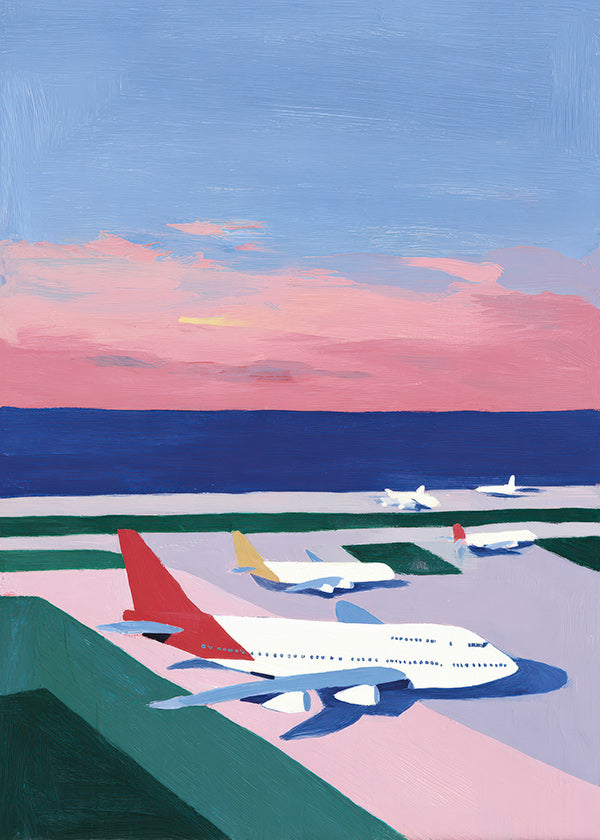 Poster de viagem: pista ao pôr do sol