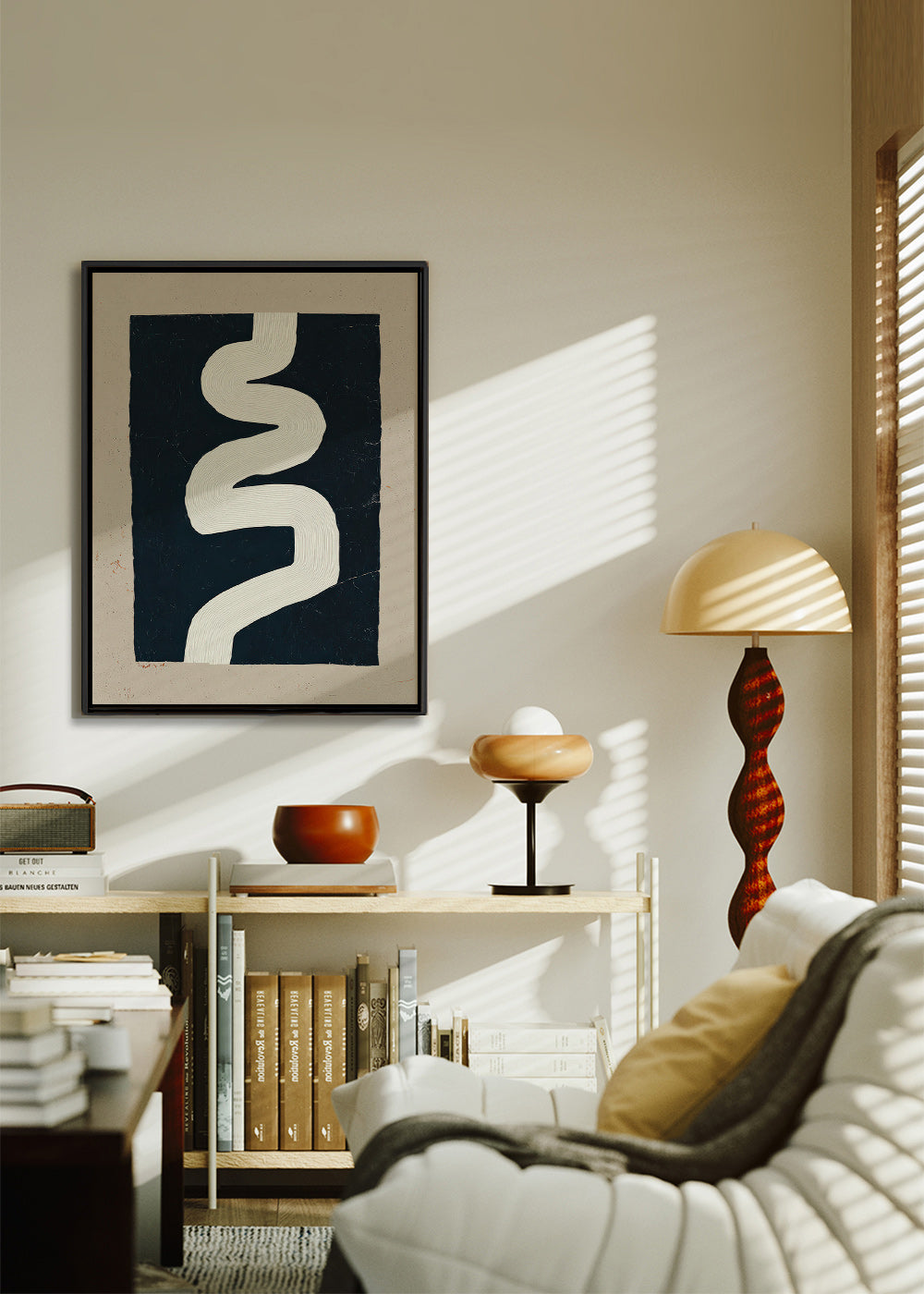 Estampa minimalista curva branca sobre fundo escuro