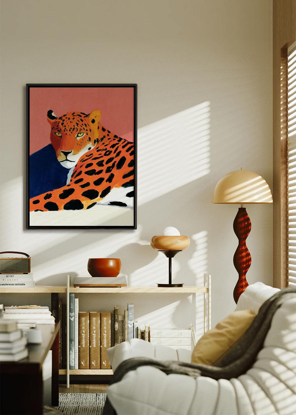 Quadro: Leopardo descansando em fundo rosa