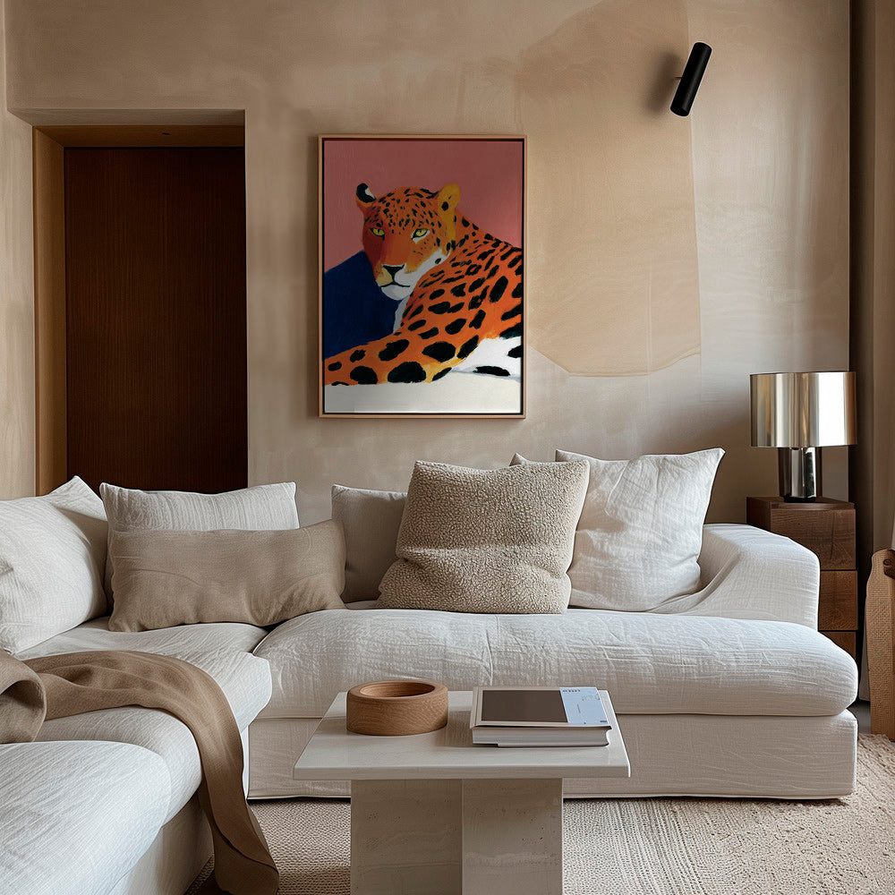 Quadro: Leopardo descansando em fundo rosa