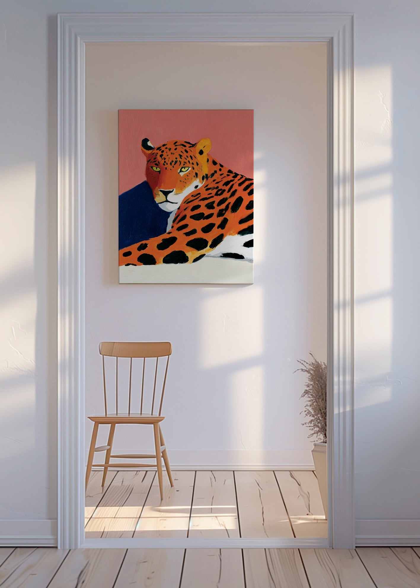 Quadro: Leopardo descansando em fundo rosa