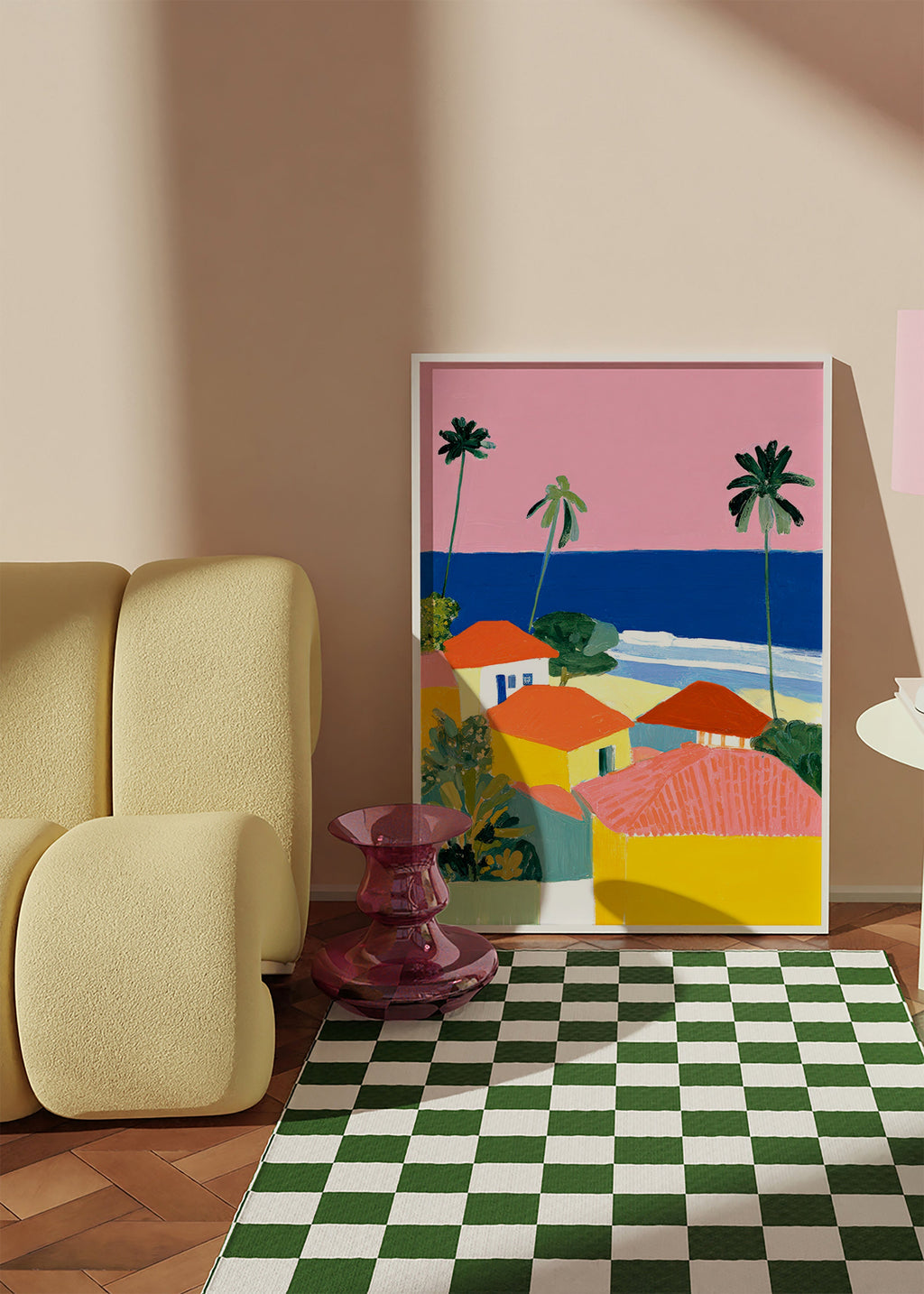 Arte paisagística: palmeiras e casas em tons quentes