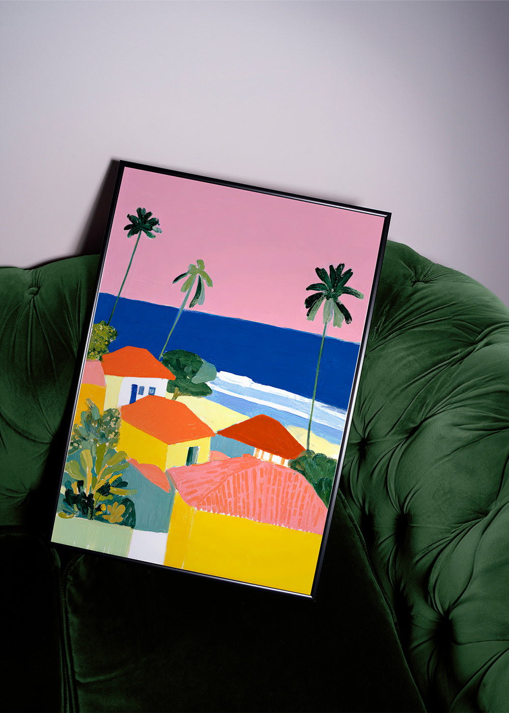 Arte paisagística: palmeiras e casas em tons quentes
