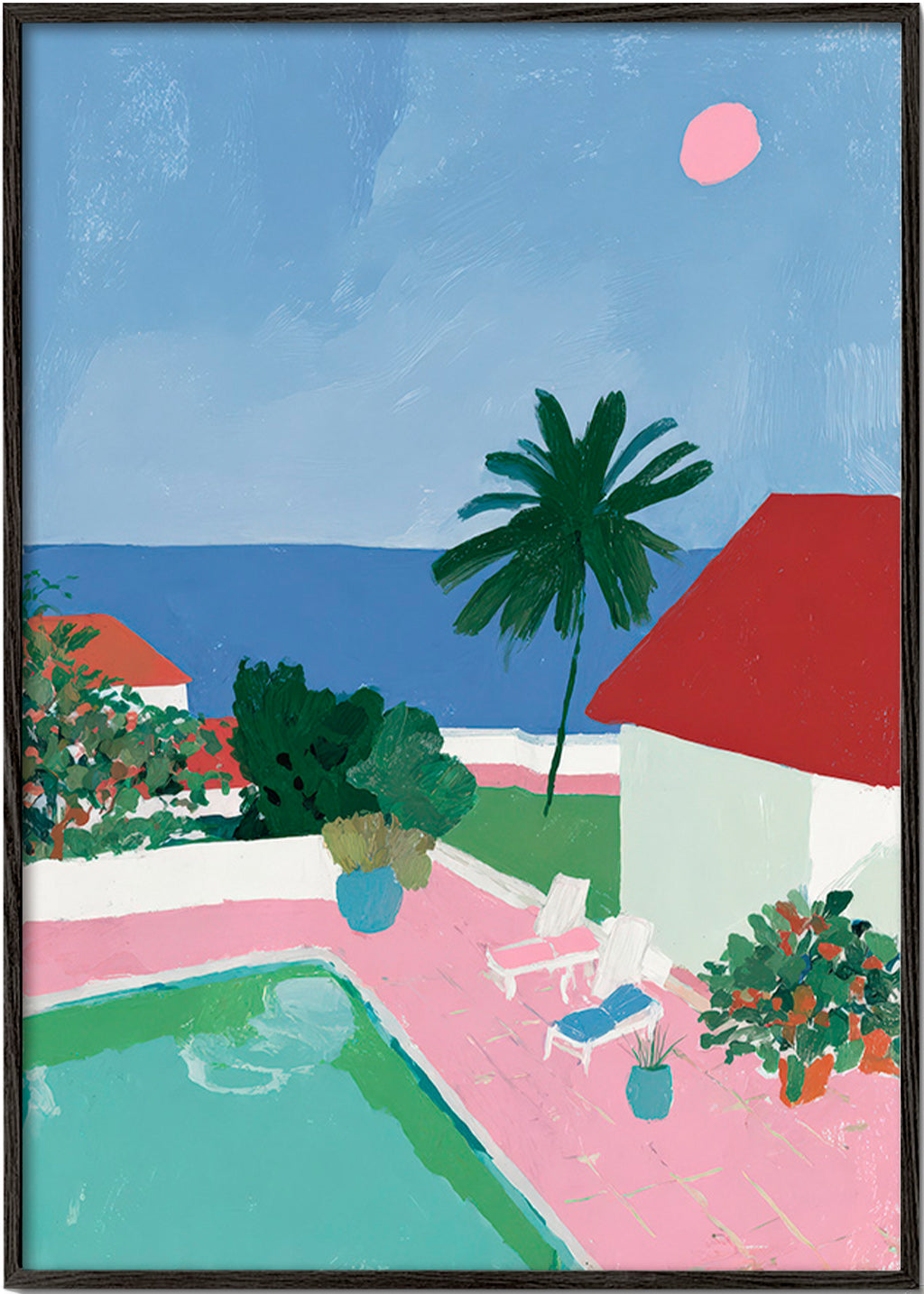 Arte paisagística com piscina, palmeira e telhado vermelho