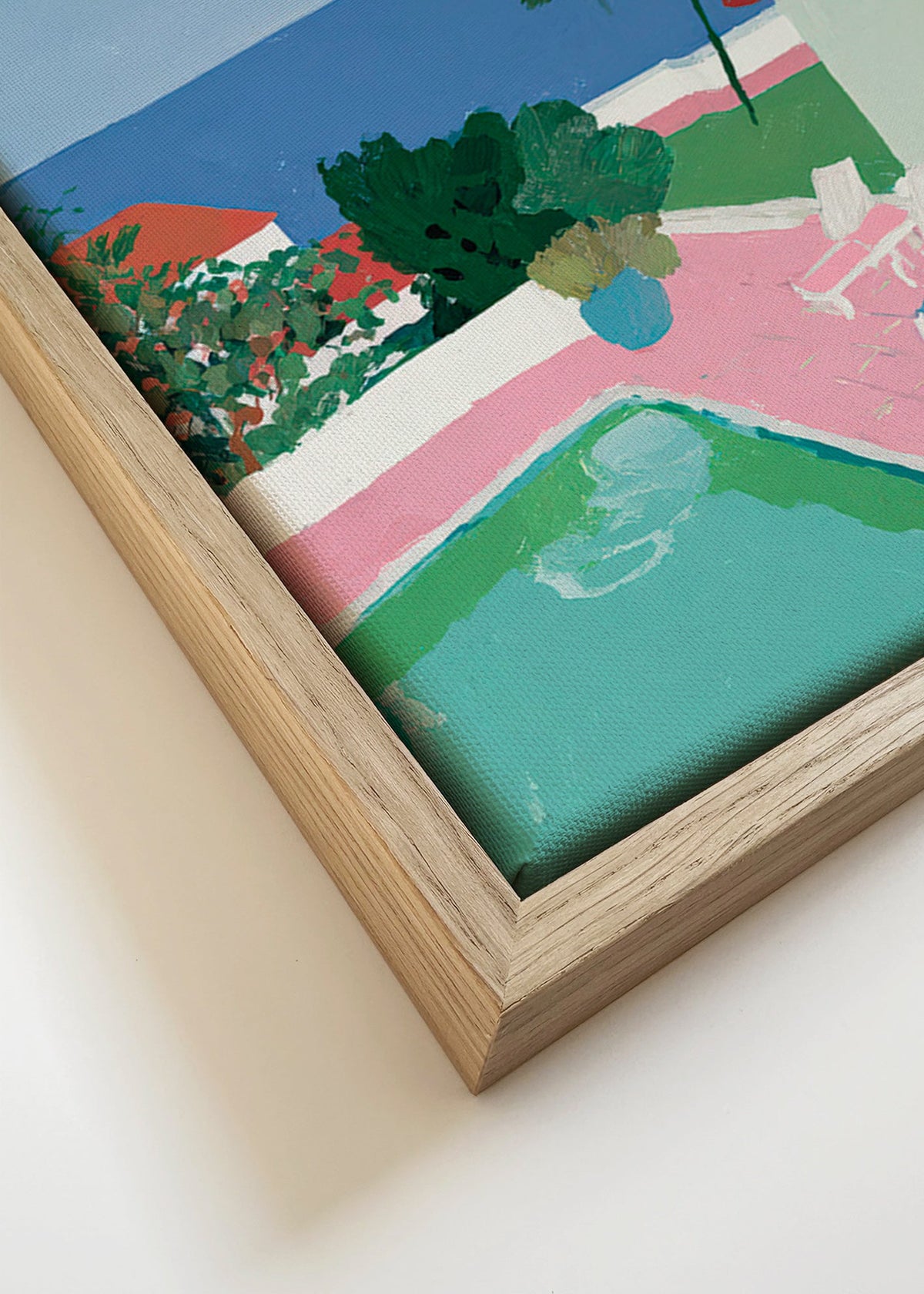 Arte paisagística com piscina, palmeira e telhado vermelho