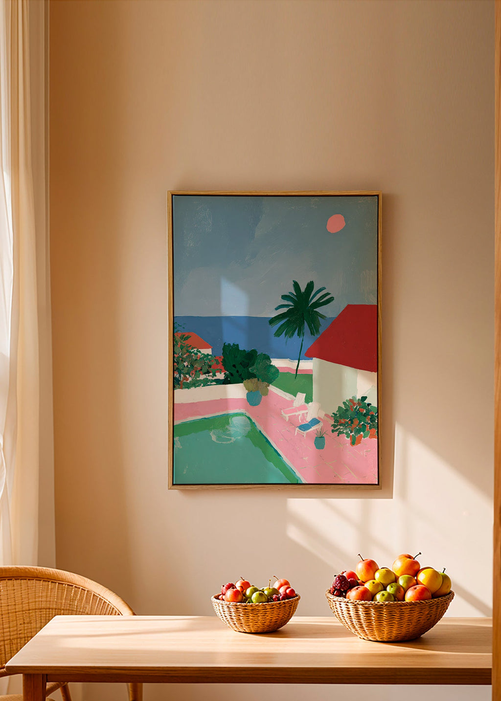Arte paisagística com piscina, palmeira e telhado vermelho