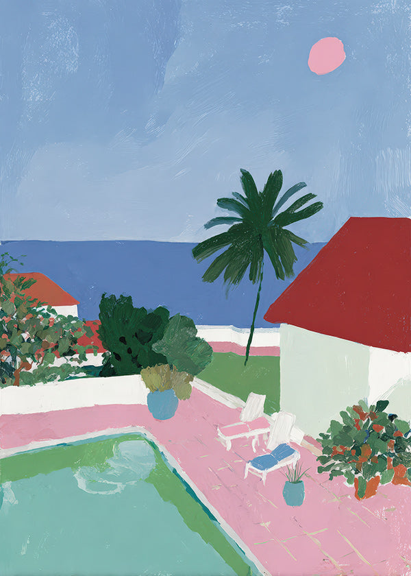 Arte paisagística com piscina, palmeira e telhado vermelho