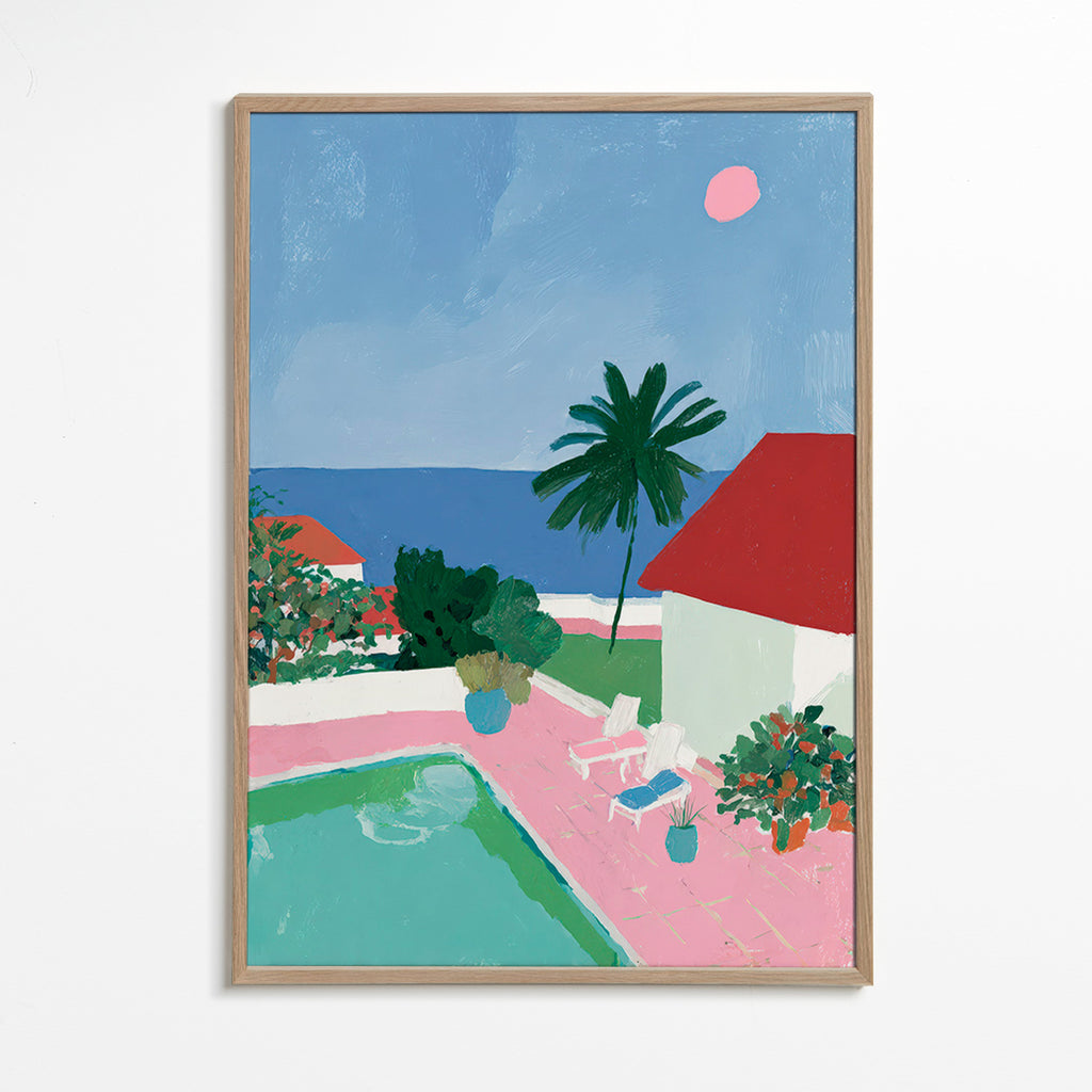 Arte paisagística com piscina, palmeira e telhado vermelho