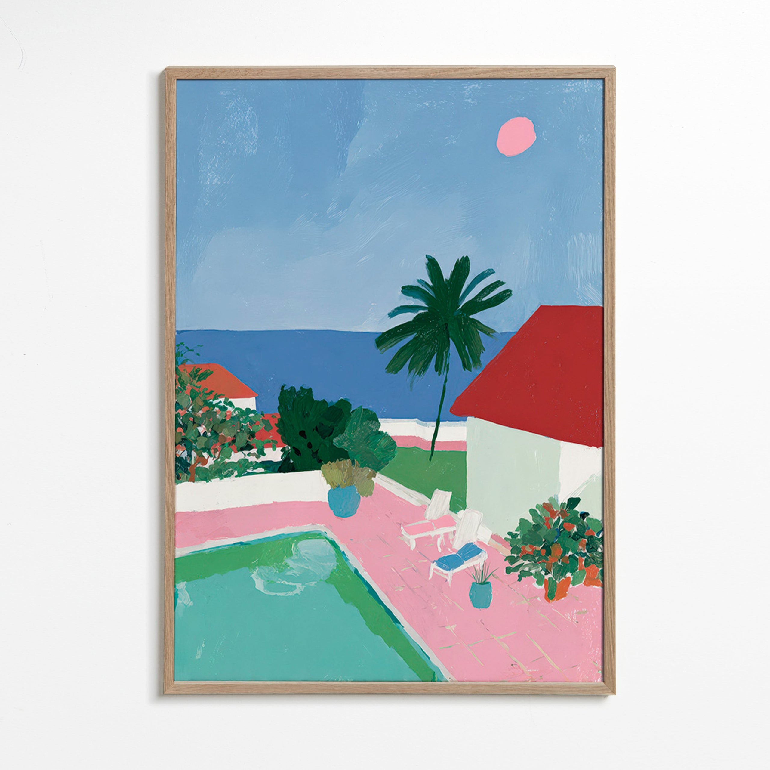 Arte paisagística com piscina, palmeira e telhado vermelho