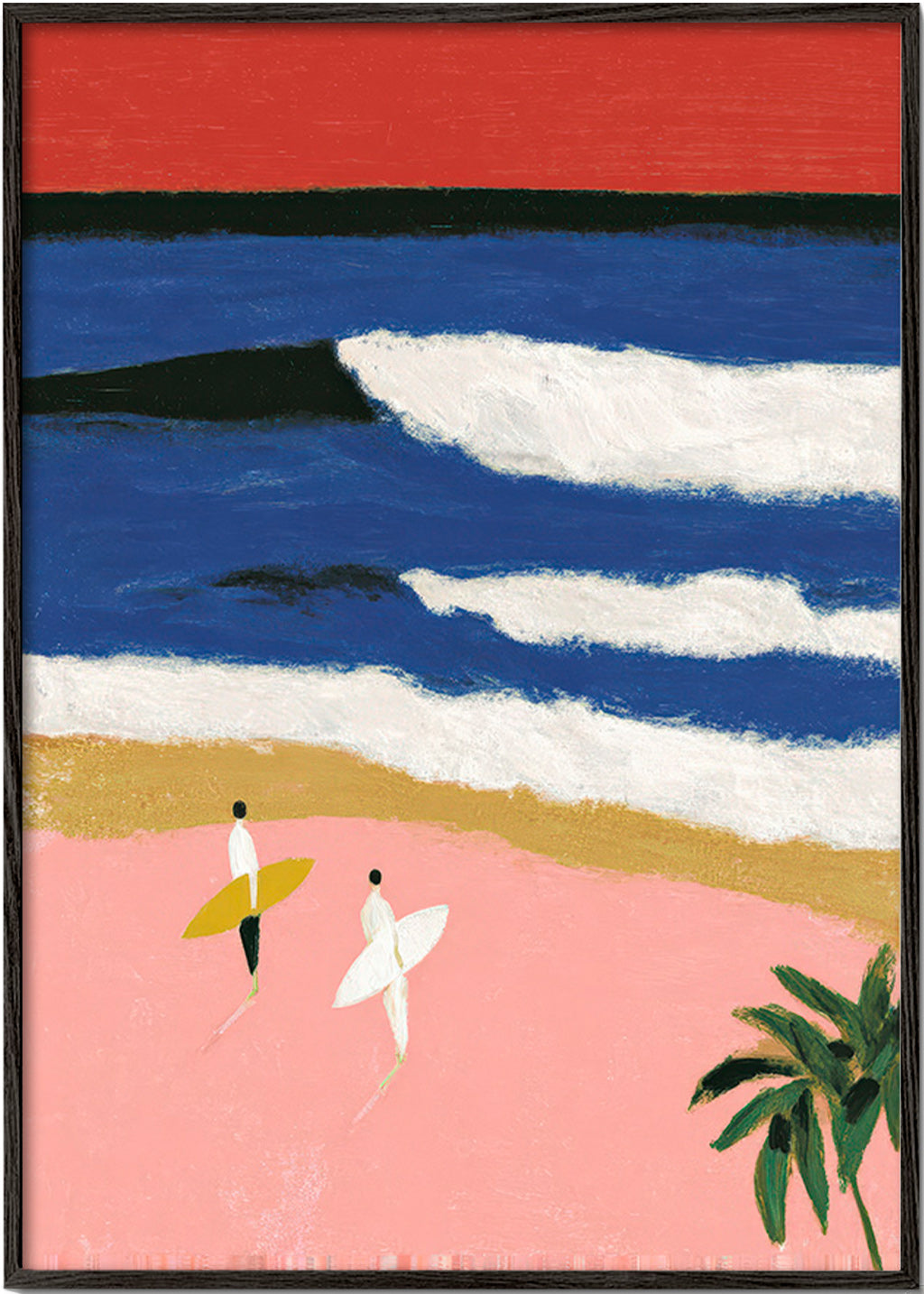 Quadro de paisagem com surfistas e areia rosa