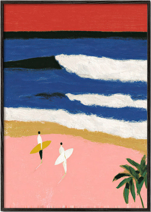Quadro de paisagem com surfistas e areia rosa