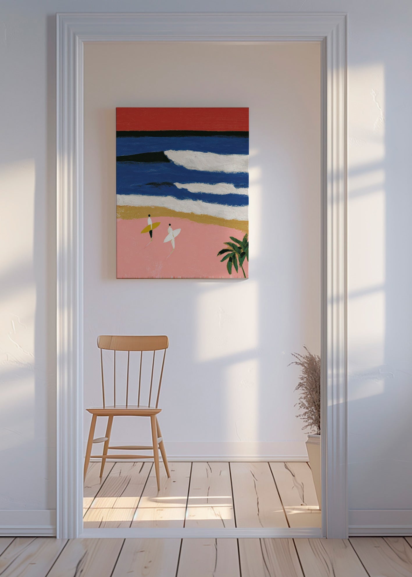 Quadro de paisagem com surfistas e areia rosa