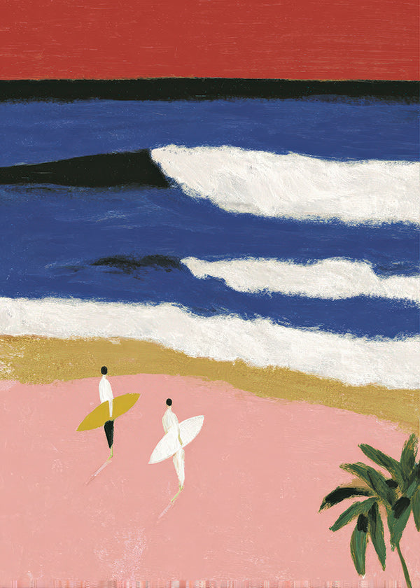 Quadro de paisagem com surfistas e areia rosa