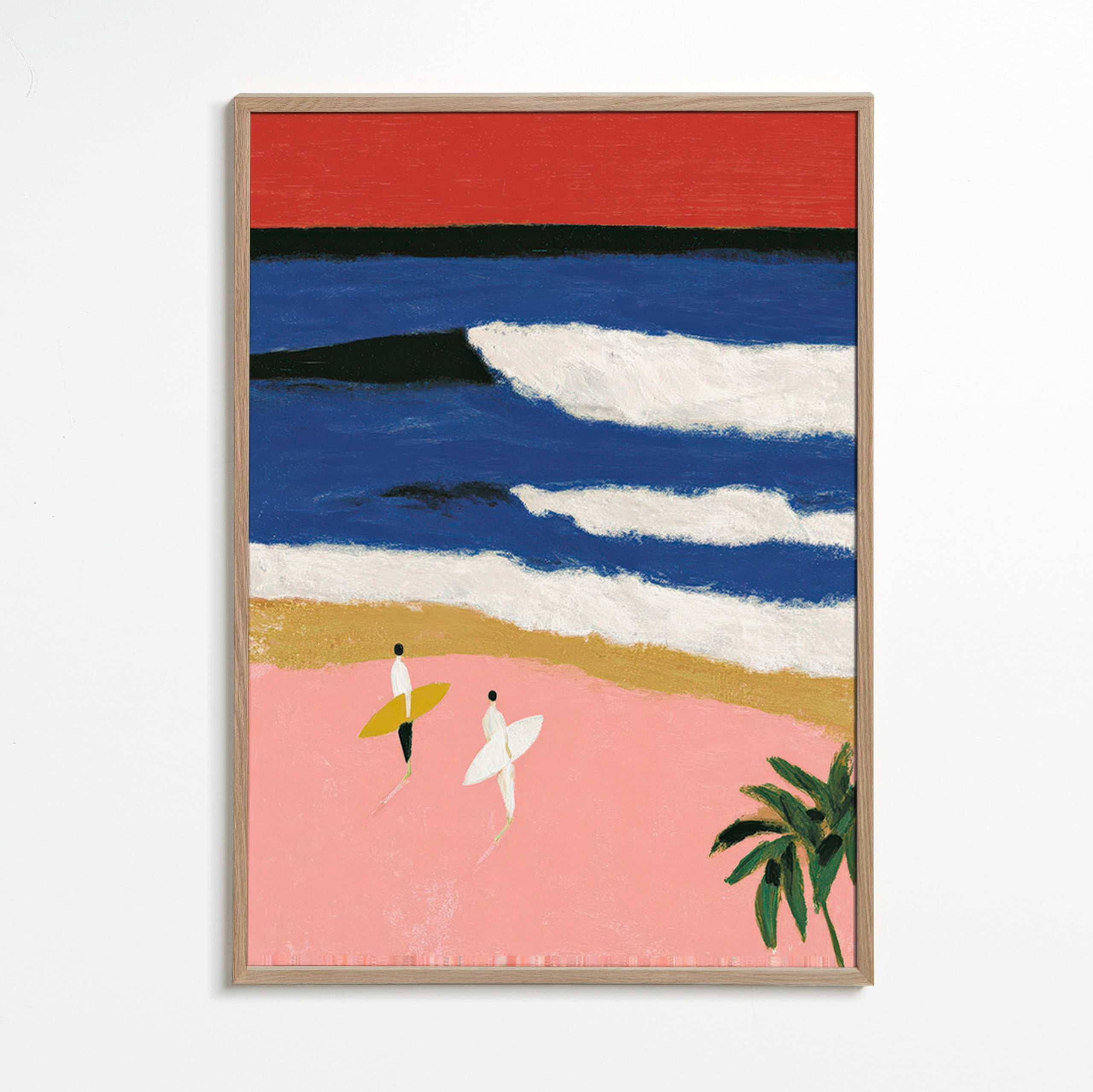 Quadro de paisagem com surfistas e areia rosa