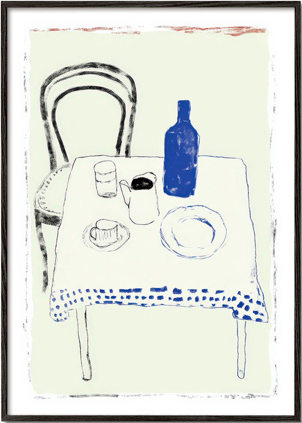 Arte para cozinha garrafa azul e louça minimal