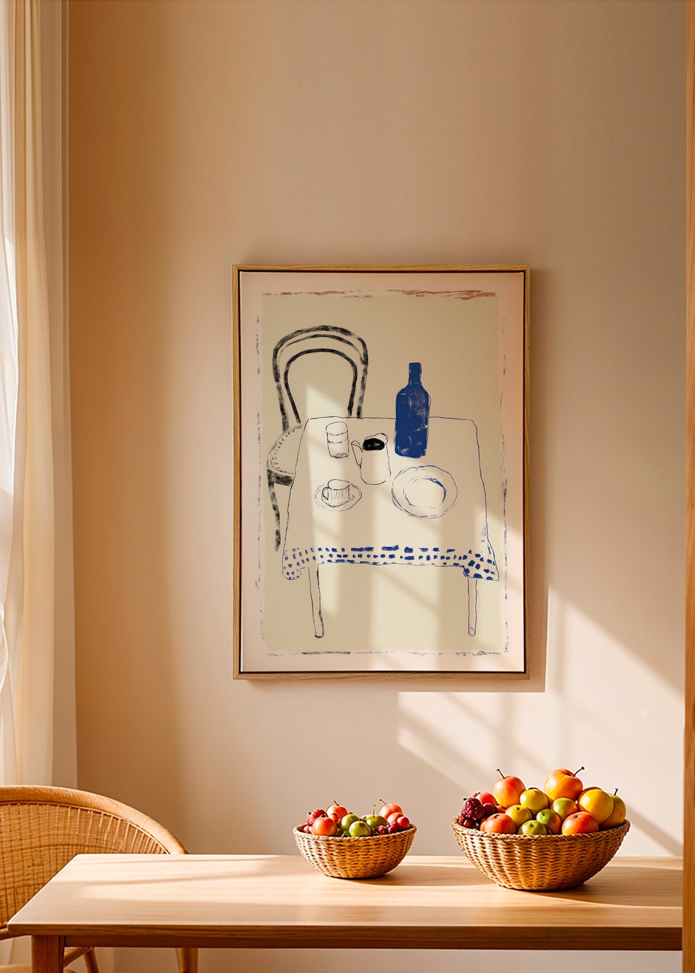 Arte para cozinha garrafa azul e louça minimal