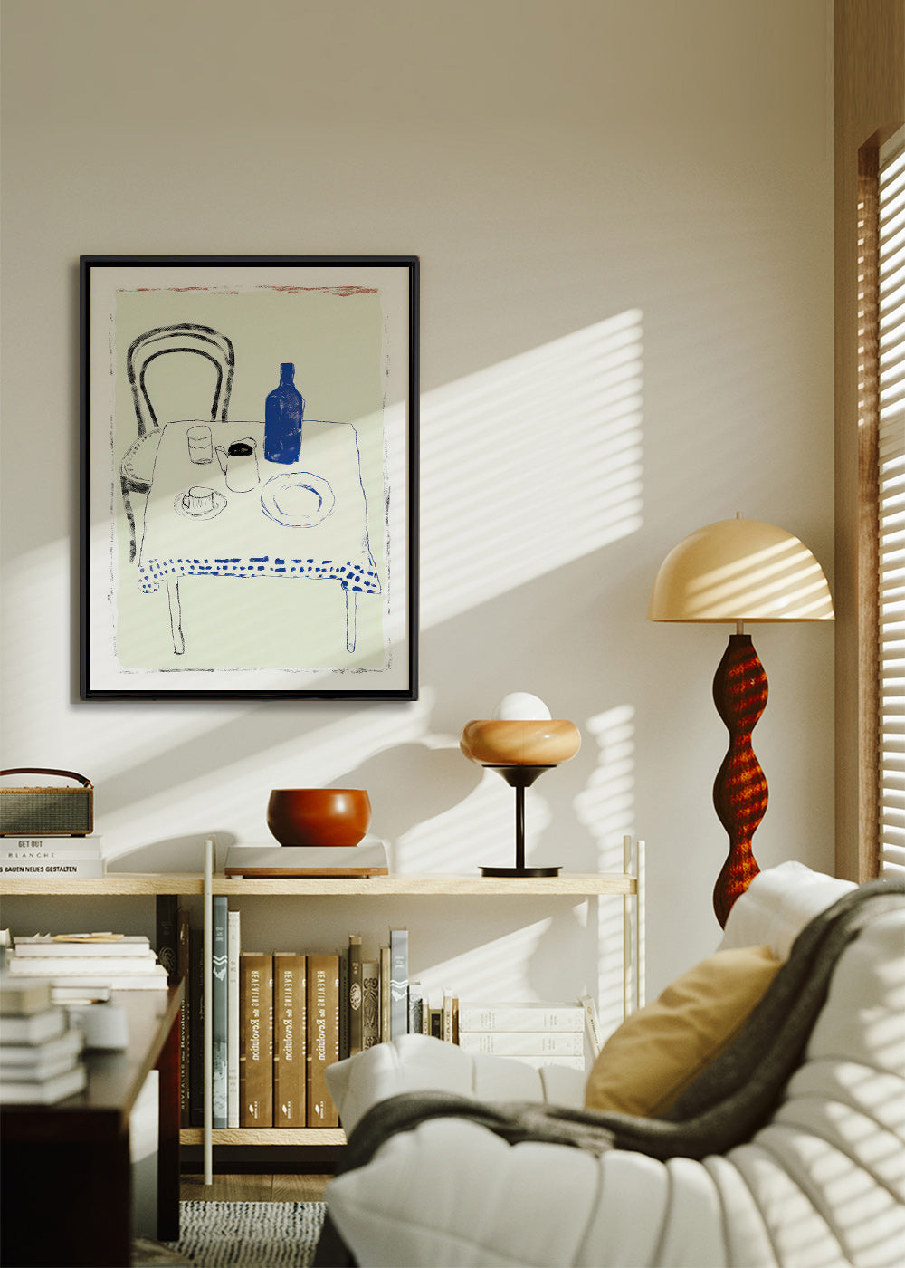 Arte para cozinha garrafa azul e louça minimal