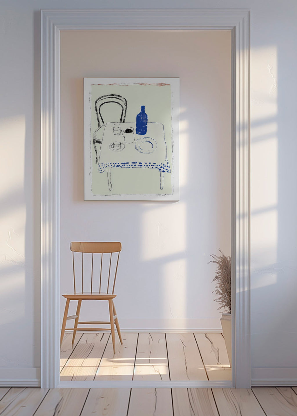 Arte para cozinha garrafa azul e louça minimal