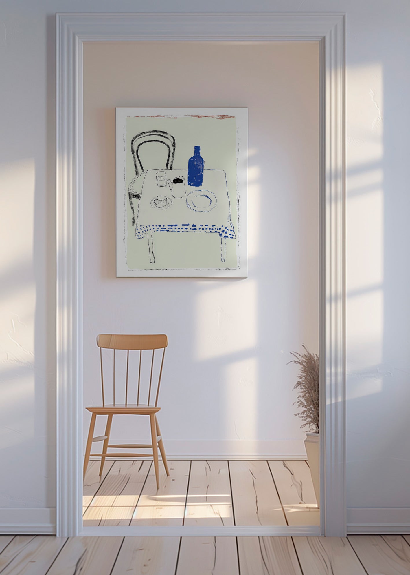 Arte para cozinha garrafa azul e louça minimal