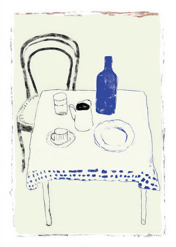 Arte para cozinha garrafa azul e louça minimal