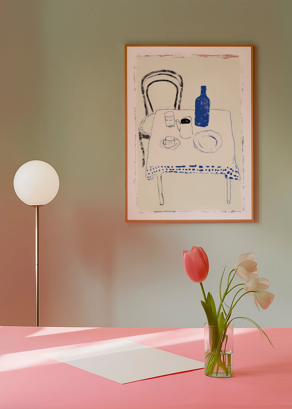 Arte para cozinha garrafa azul e louça minimal