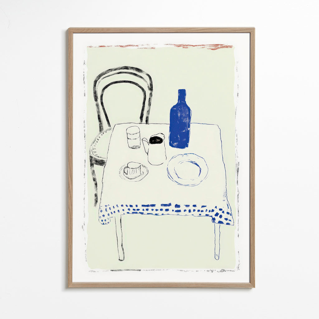 Arte para cozinha garrafa azul e louça minimal