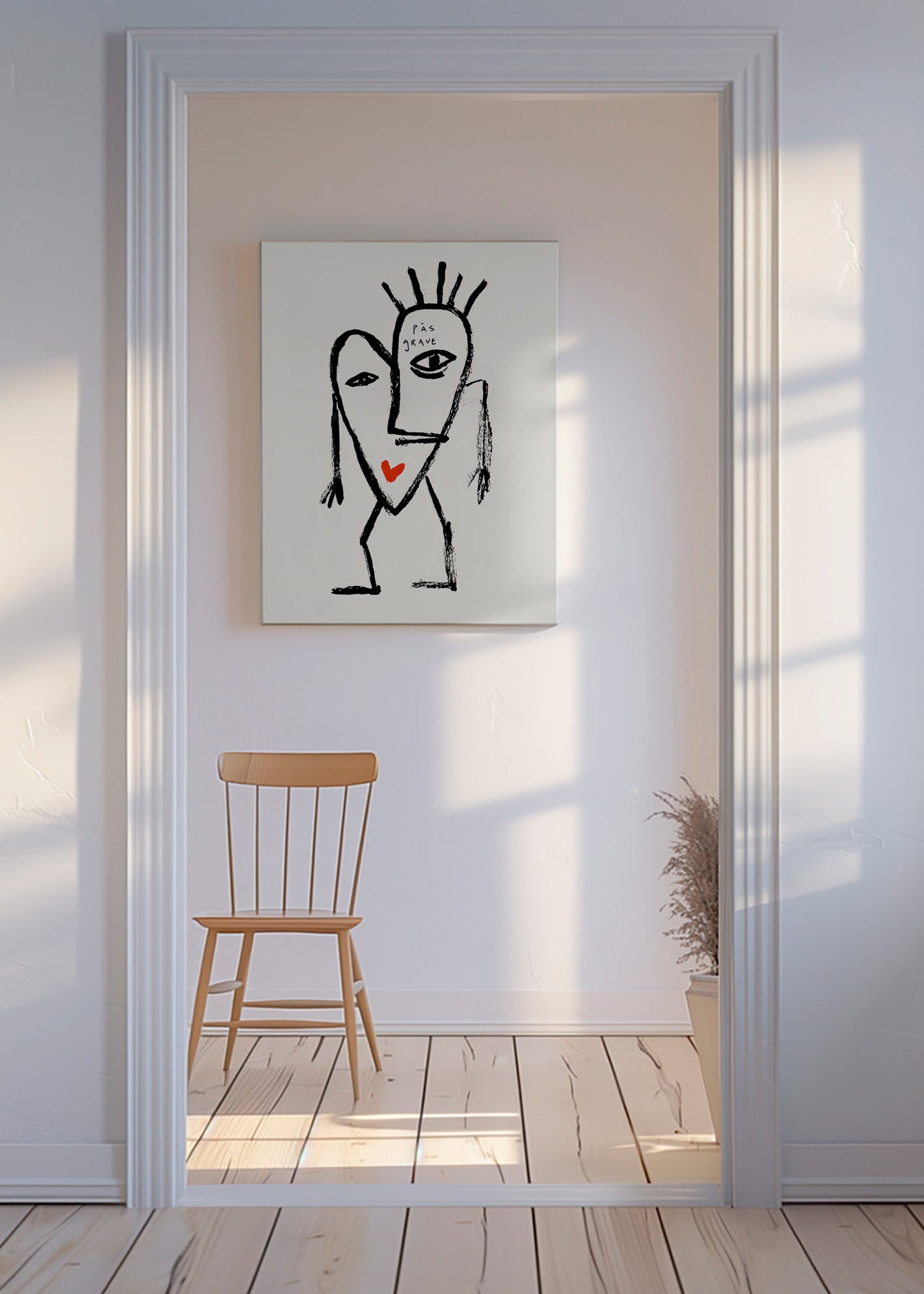 Arte abstrata rosto linear com coração vermelho