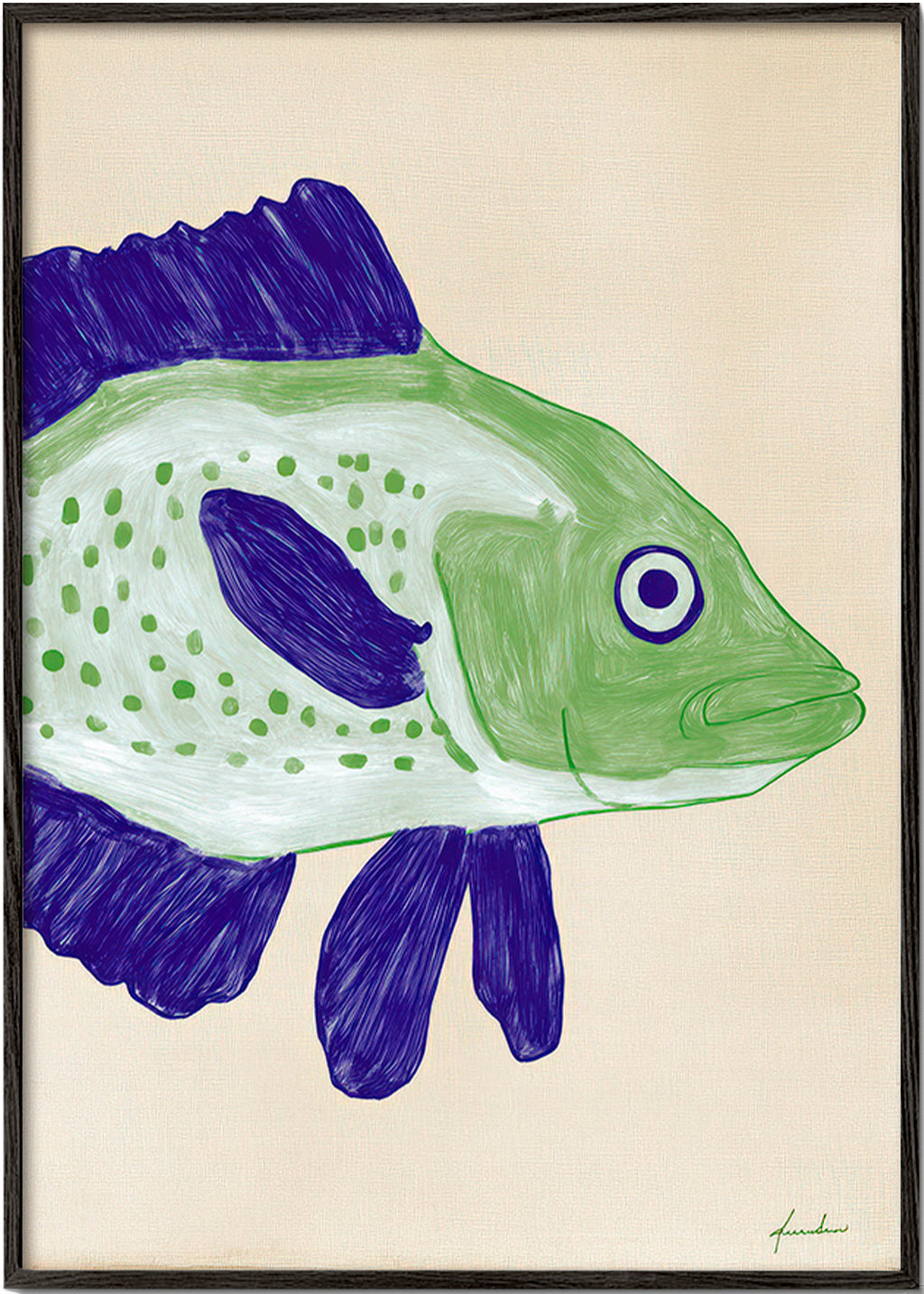 Quadro peixe verde com traços azuis