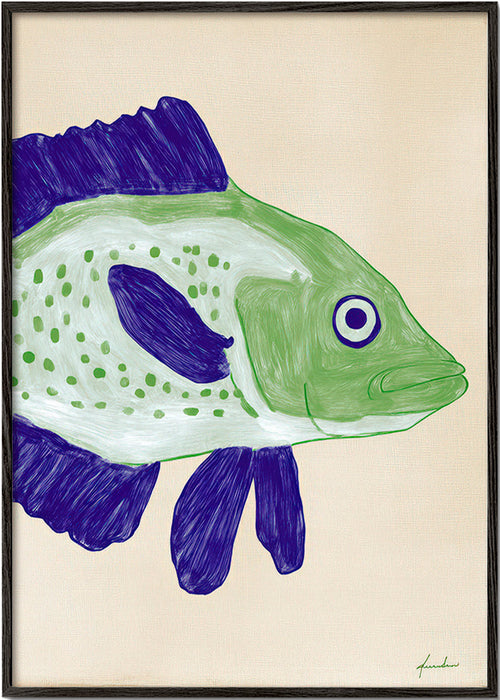 Quadro peixe verde com traços azuis