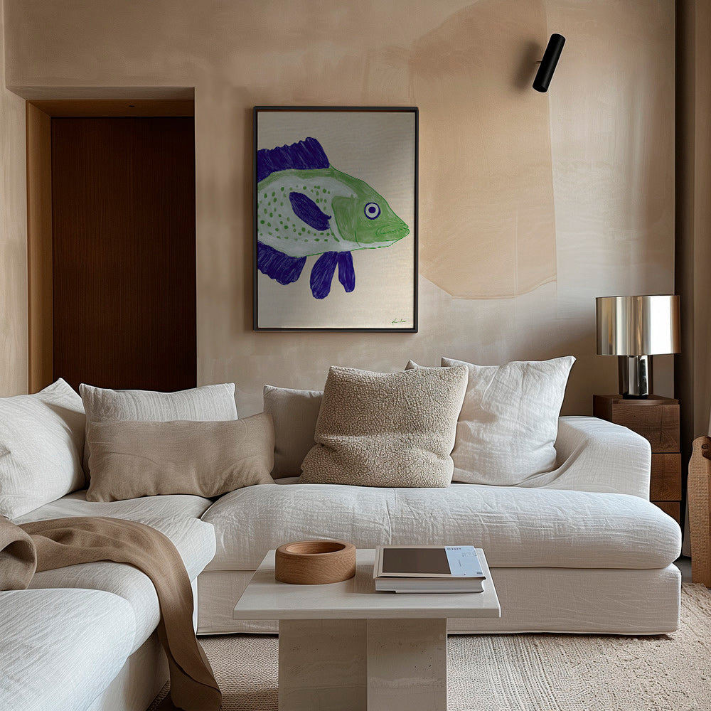Quadro peixe verde com traços azuis