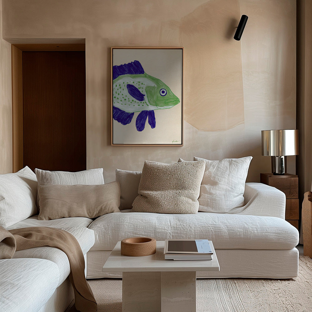 Quadro peixe verde com traços azuis