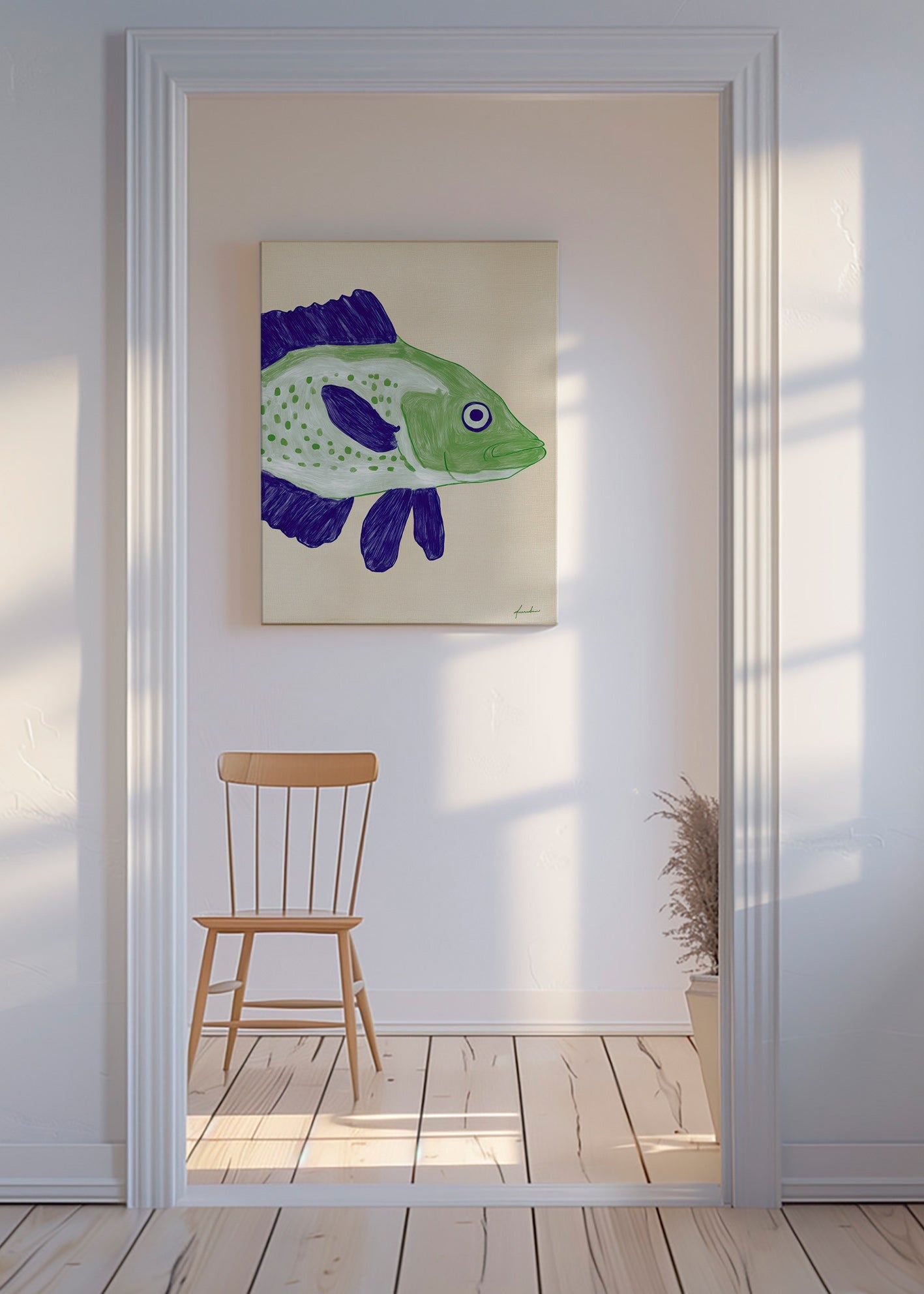 Quadro peixe verde com traços azuis