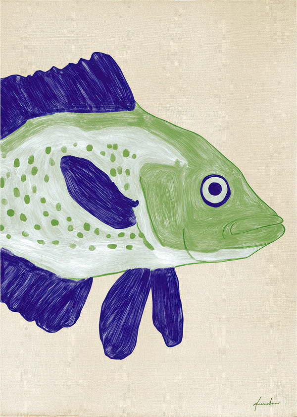 Quadro peixe verde com traços azuis