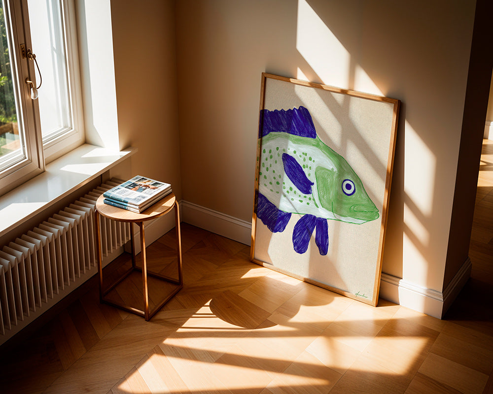 Quadro peixe verde com traços azuis